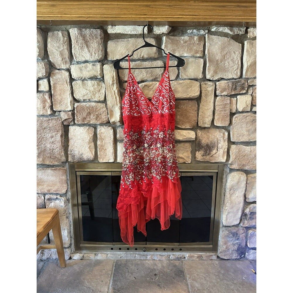 Ever-Pretty Women Size 16/18 XL Red Sequin Asymmetrical Y2K Fairy Mesh Dress